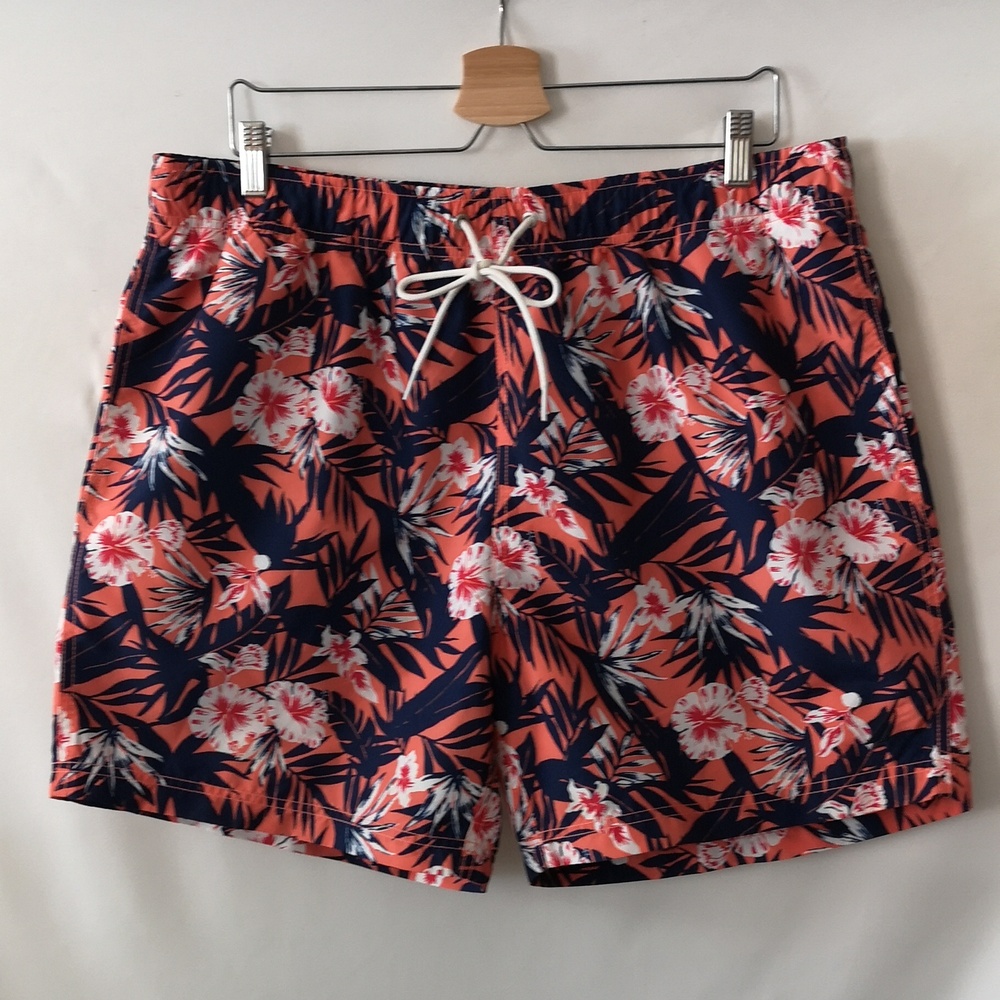 Men's Nautica Swim Shorts Blue & Orange Hawaiian Pattern 3 Pockets Elastic Large